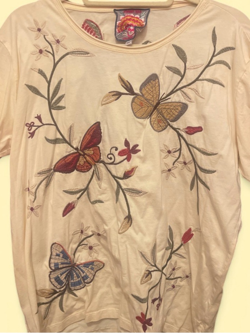 Johnny Was Cream Butterfly Embroidered Short Sleeve Top